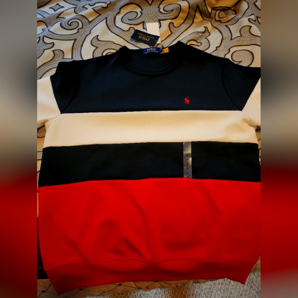 SOLD! Men’s POLO RALPH LAUREN  Crewneck Colorblock Navy Red White Sweatshirt Med